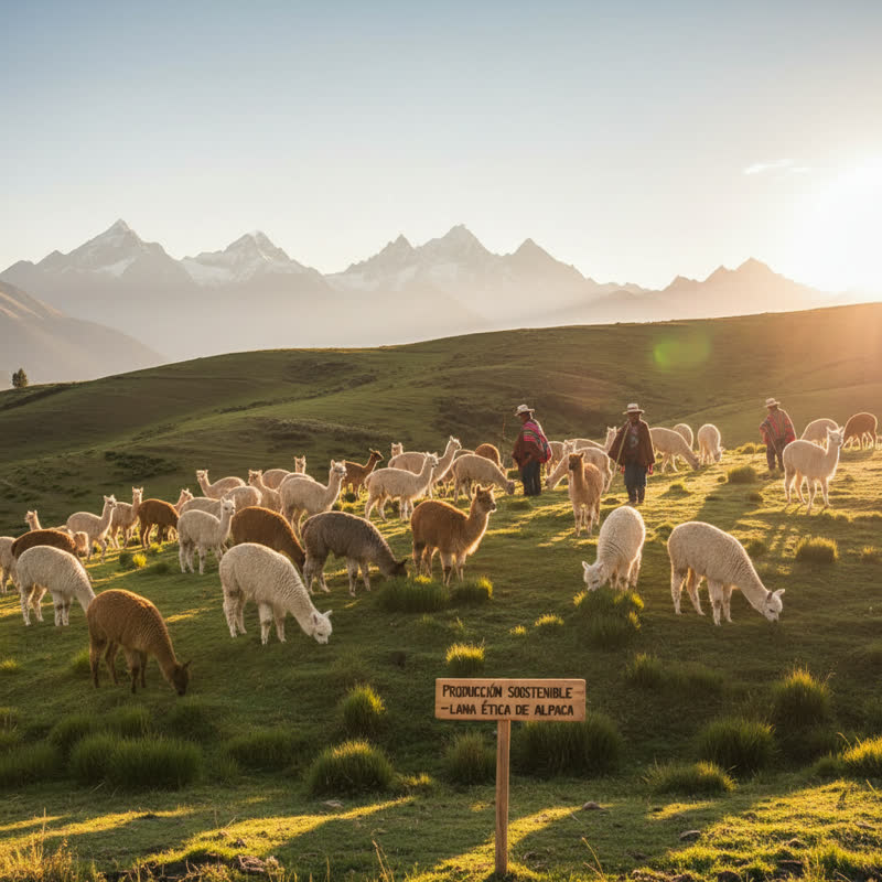 Nachhaltige Alpakahaltung in Peru — Alpakas auf einer grünen Weide in den Anden