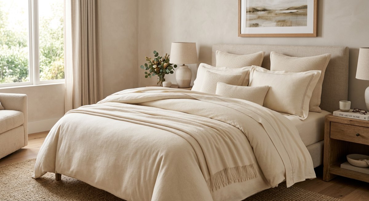 Luxuriöse Kaschmir Bettdecke in Creme auf modernem Bett mit natürlichen Textilien