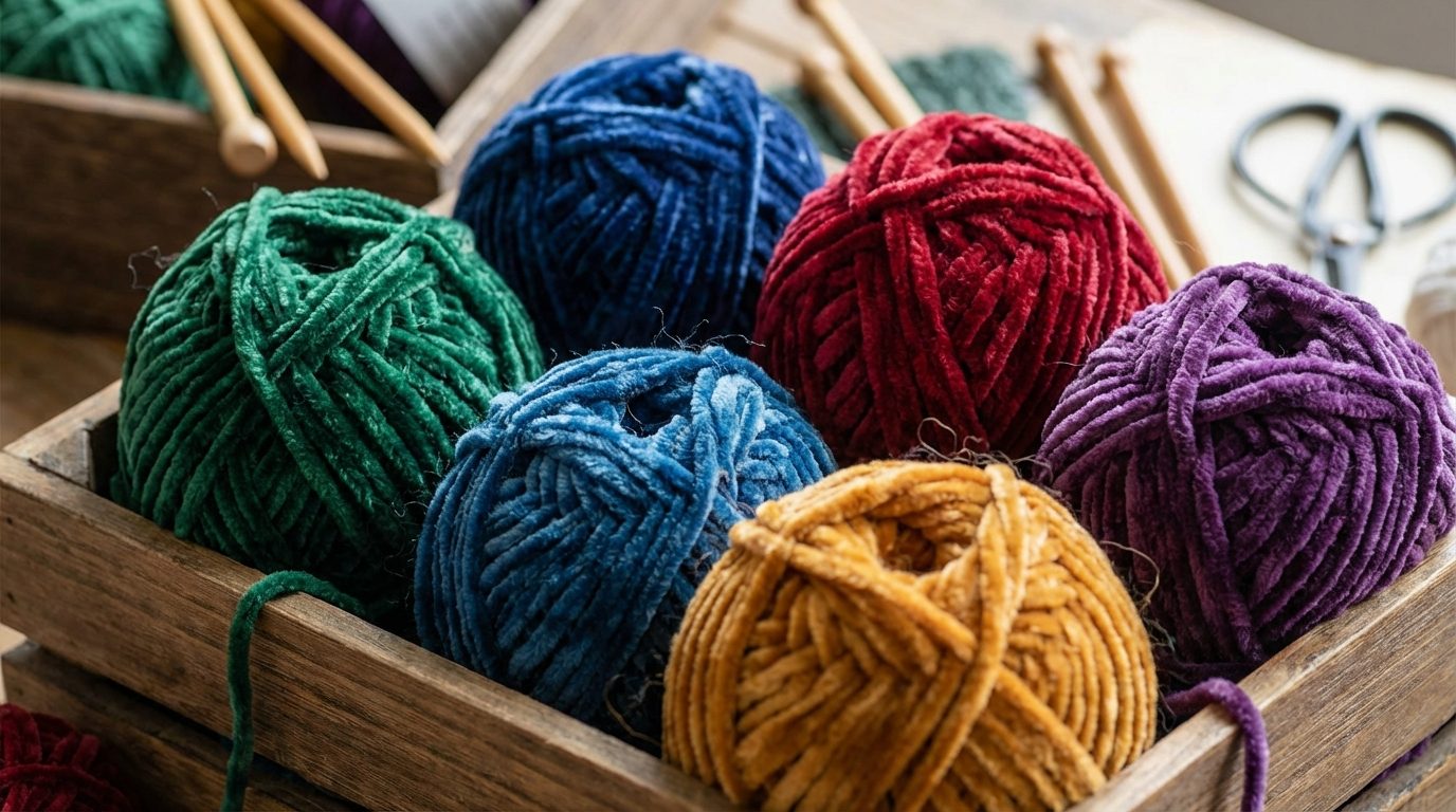 Chenille-Wolle in verschiedenen Farben — flauschige Garnknäuel im Vergleich