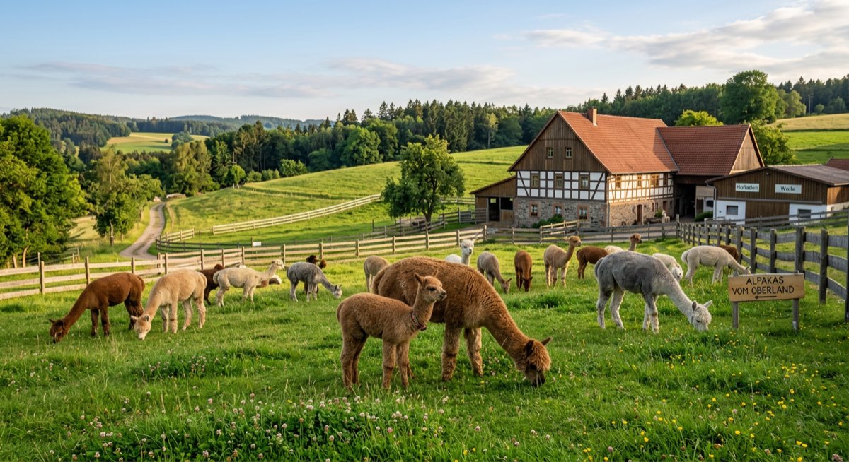 Herde von Alpakas auf einer grünen Weide in Deutschland