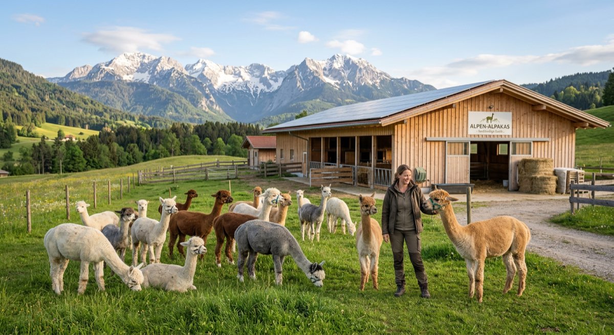 Nahaufnahme von zwei Alpakas auf der Weide