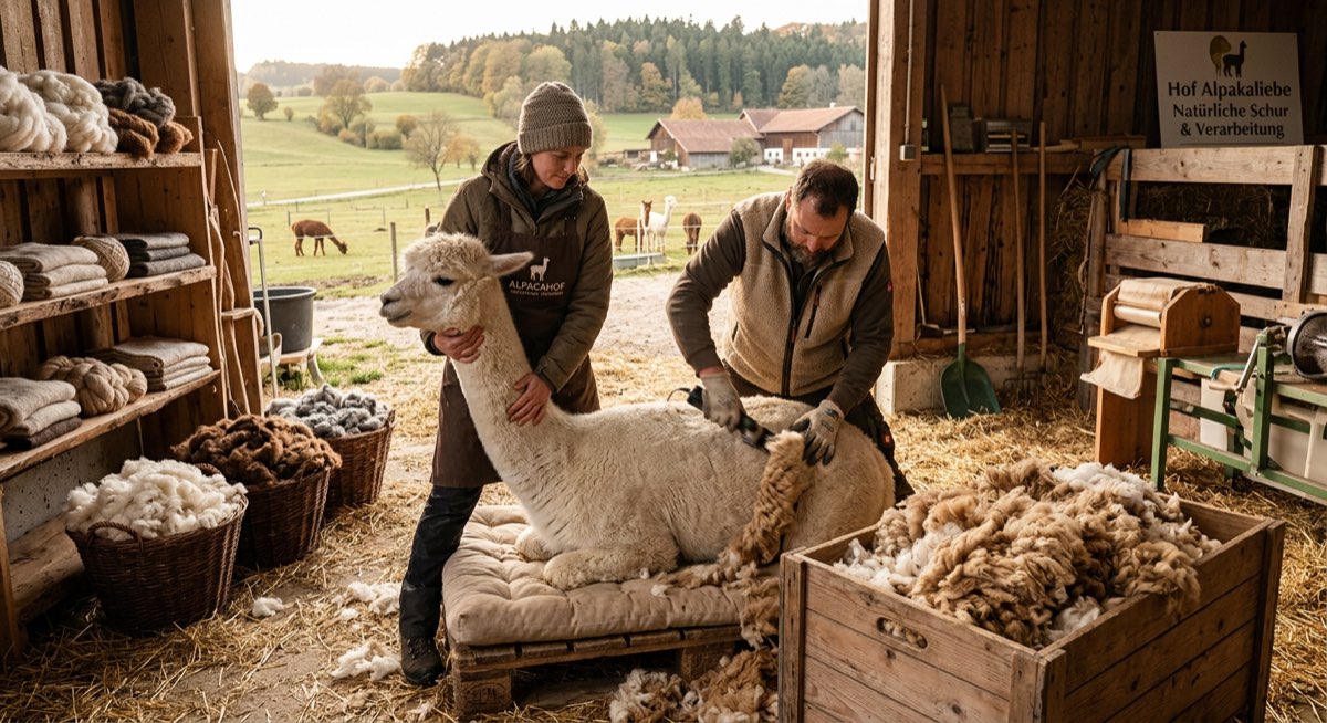 Eine kleine Herde Alpakas auf grüner Weide