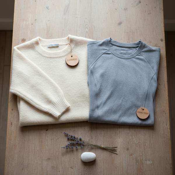 Kaschmir-Pullover und Merino-Sportshirt nebeneinander als Entscheidungshilfe