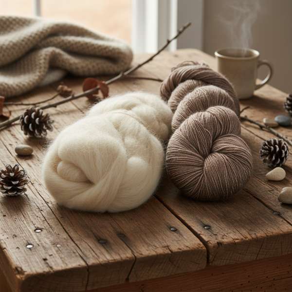 Kaschmir- und Merino-Garn nebeneinander auf einem Holztisch