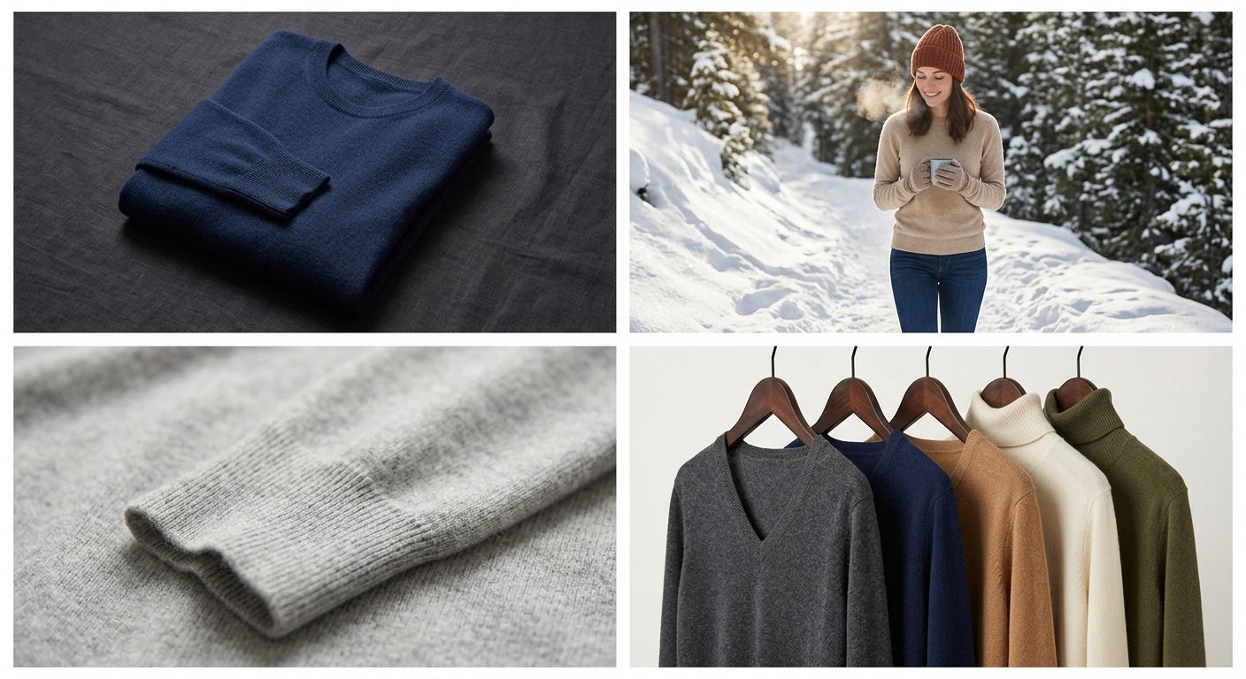 Ein gemütliches Wohnzimmer mit einem Kaschmirpullover tragenden Menschen, der auf einem Sofa sitzt und in ein Buch liest.
BILD2: Ein Kaschmirpullover, der auf einem Holztisch liegt, umgeben von Blumen und anderen Dekorationsartikeln.
BILD3: Eine Person, die einen Kaschmirpullover trägt und durch einen winterlichen Wald spaziert.
BILD4: Ein Close-up eines Kaschmirpullovers, der auf einem Mannequin liegt, mit einem Hintergrund aus Holz oder Stein.