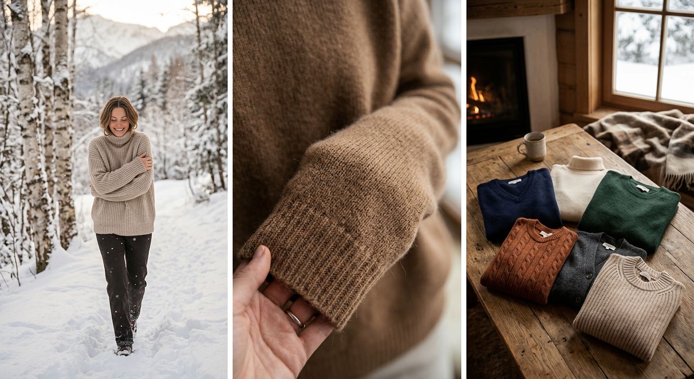 Ein Kaschmirpullover, der auf einem Holztisch liegt, umgeben von Blumen und anderen Dekorationsartikeln.
BILD3: Eine Person, die einen Kaschmirpullover trägt und durch einen winterlichen Wald spaziert.
BILD4: Ein Close-up eines Kaschmirpullovers, der auf einem Mannequin liegt, mit einem Hintergrund aus Holz oder Stein.
