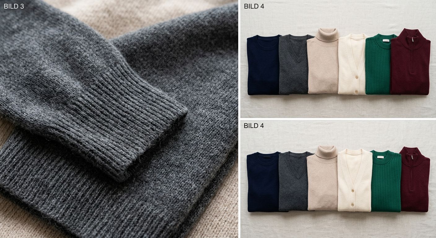Eine Person, die einen Kaschmirpullover trägt und durch einen winterlichen Wald spaziert.
BILD4: Ein Close-up eines Kaschmirpullovers, der auf einem Mannequin liegt, mit einem Hintergrund aus Holz oder Stein.