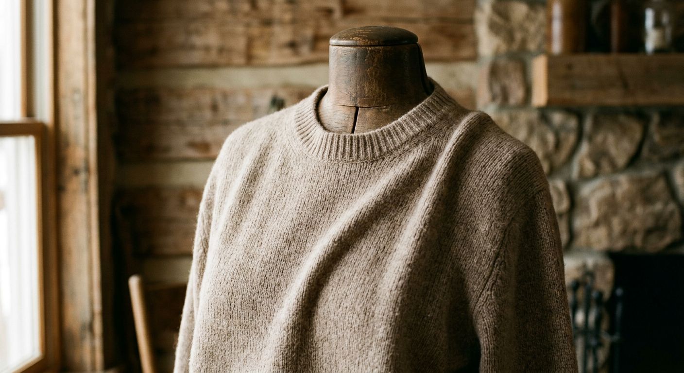 Ein Close-up eines Kaschmirpullovers, der auf einem Mannequin liegt, mit einem Hintergrund aus Holz oder Stein.