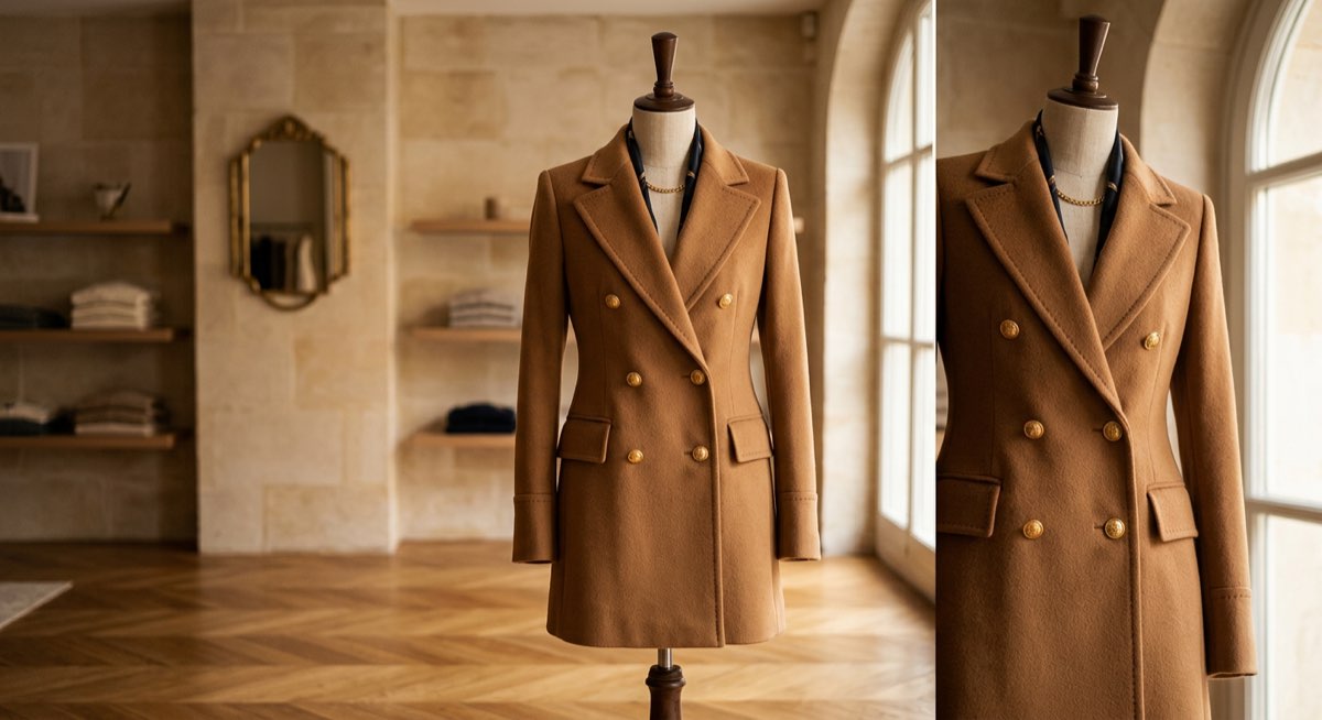 Eleganter Kaschmirmantel in Camel-Farbe auf einem Kleiderbügel — Kaschmir Mantel Test 2026