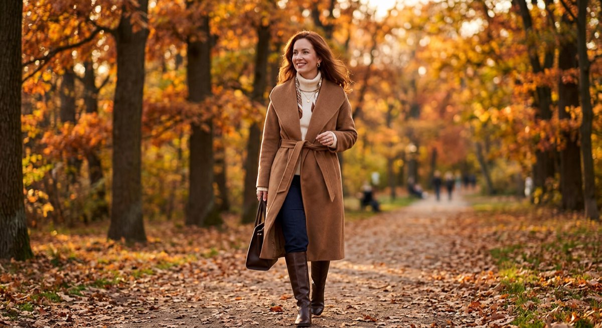 Frau trägt elegantem Kaschmirmantel in Camel im Winter in der Stadt