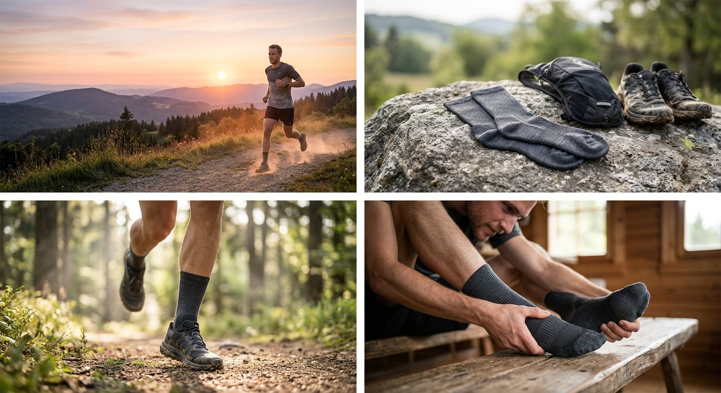 Ein Läufer bei Sonnenuntergang auf einem Trail, mit einer atemberaubenden Landschaft im Hintergrund.
BILD2: Eine Nahaufnahme von Merino Laufsocken, die auf einem Felsen liegen, mit einem kleinen Rucksack und einem Paar Laufschuhe daneben.
BILD3: Ein Läufer, der durch einen Wald läuft, mit den Merino Laufsocken als Blickfang.
BILD4: Eine Person, die ihre Füße nach einem Lauf massiert, mit den Merino Laufsocken noch an den Füßen.