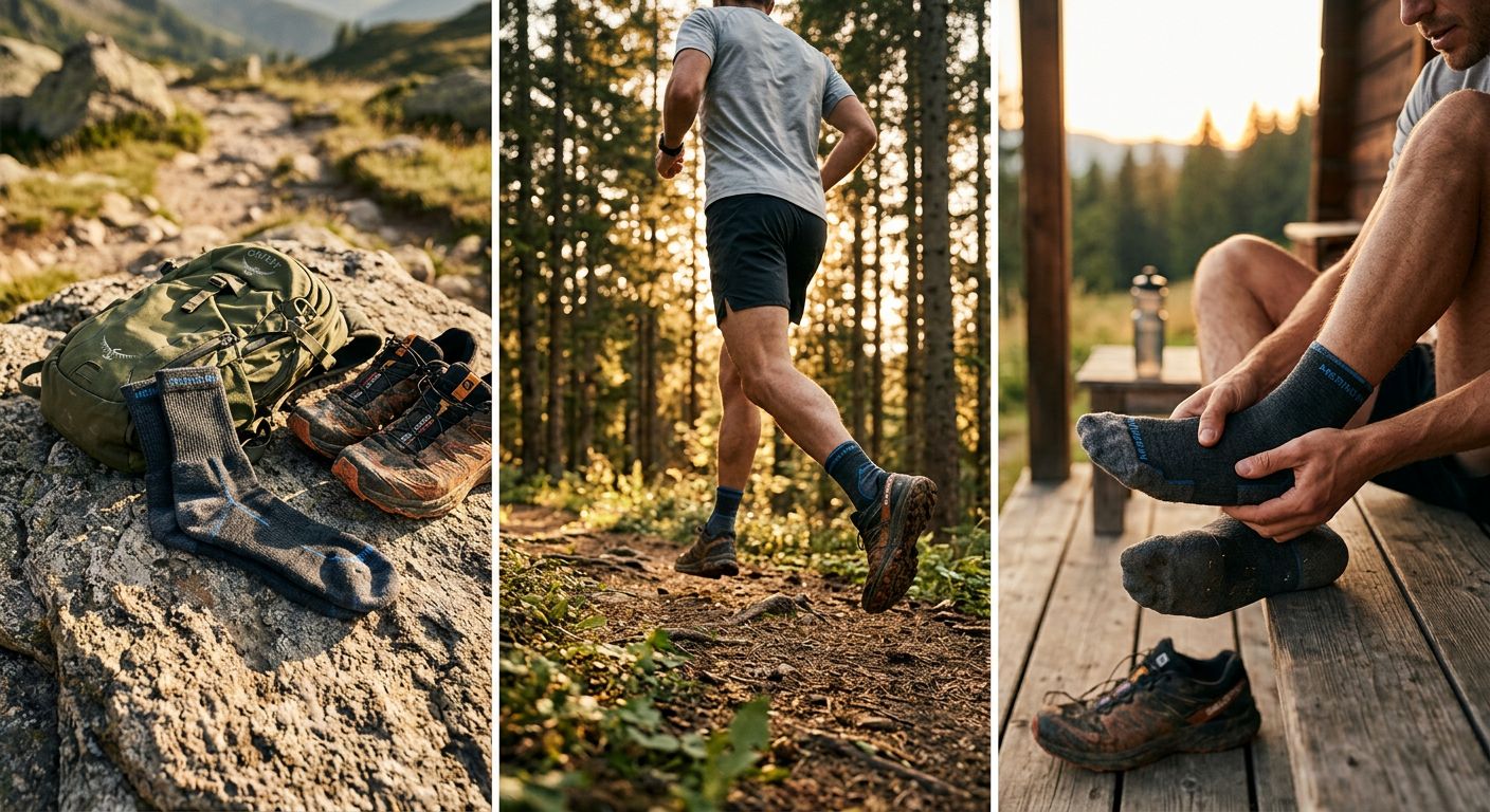 Eine Nahaufnahme von Merino Laufsocken, die auf einem Felsen liegen, mit einem kleinen Rucksack und einem Paar Laufschuhe daneben.
BILD3: Ein Läufer, der durch einen Wald läuft, mit den Merino Laufsocken als Blickfang.
BILD4: Eine Person, die ihre Füße nach einem Lauf massiert, mit den Merino Laufsocken noch an den Füßen.