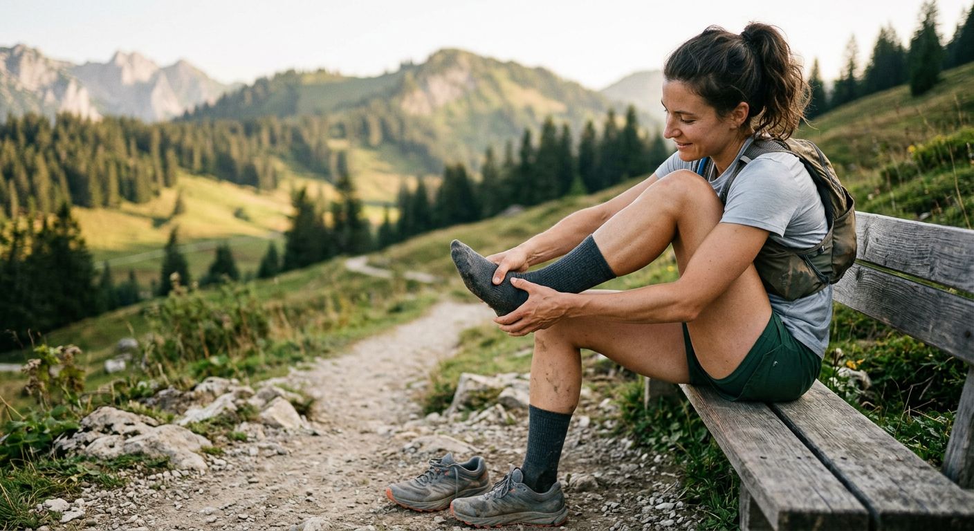 Eine Person, die ihre Füße nach einem Lauf massiert, mit den Merino Laufsocken noch an den Füßen.