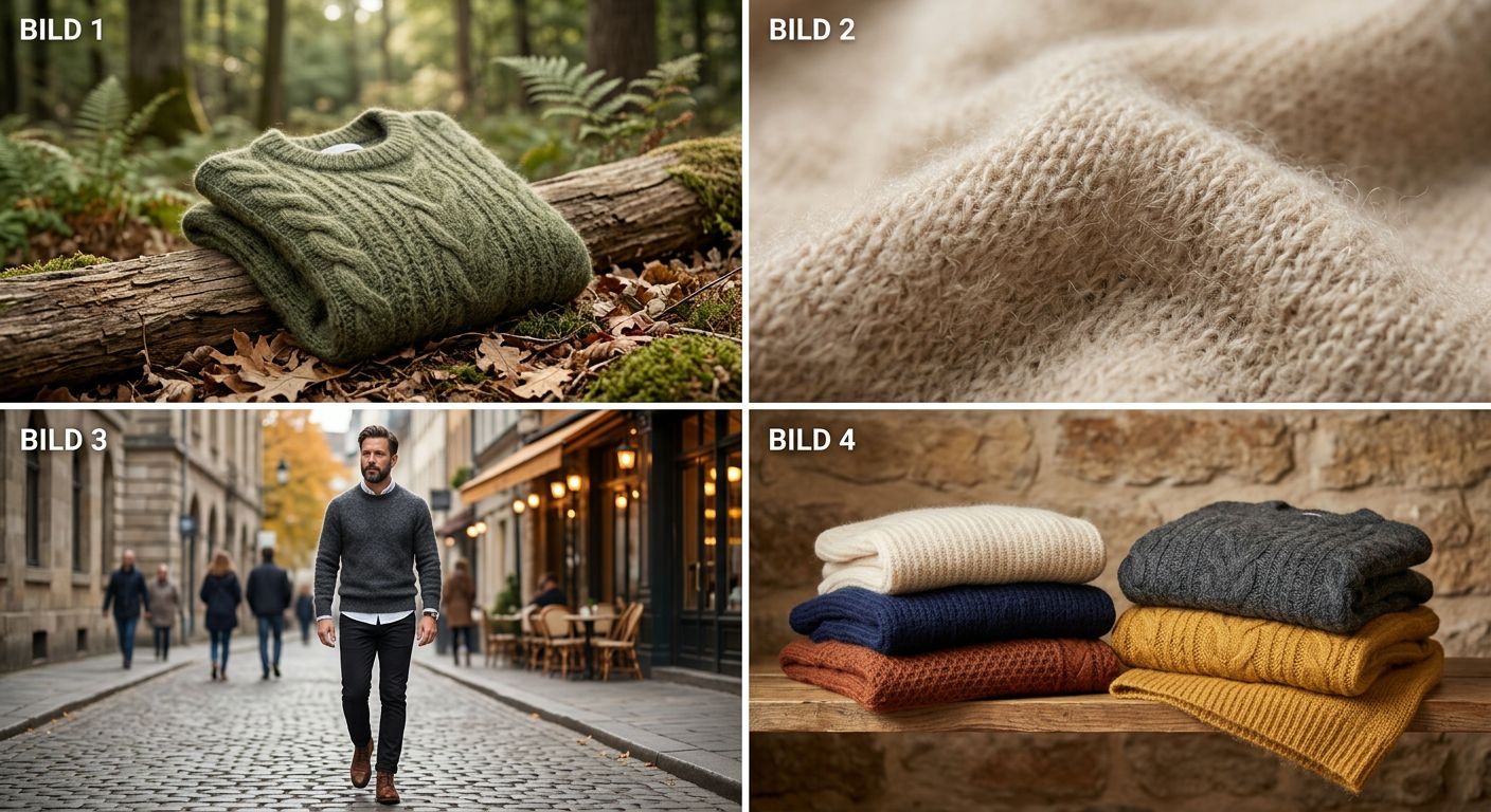 Ein Mann im Mohairwolle Pullover, der in einer natürlichen Umgebung, wie einem Park oder einem Berg, steht und lächelt.
BILD2: Ein Detailbild eines Mohairwolle Pullovers, der auf einem Tisch oder einer Oberfläche liegt und dessen Material und Stickerei sichtbar sind.
BILD3: Ein Mann, der verschiedene Mohairwolle Pullover anprobiert und im Spiegel betrachtet, um die Passform und den Stil zu überprüfen.
BILD4: Ein Bild, das verschiedene Mohairwolle Pullover in verschiedenen Farben und Stilen zeigt, die auf einer Kleiderstange oder einem Regal aufgereiht sind.