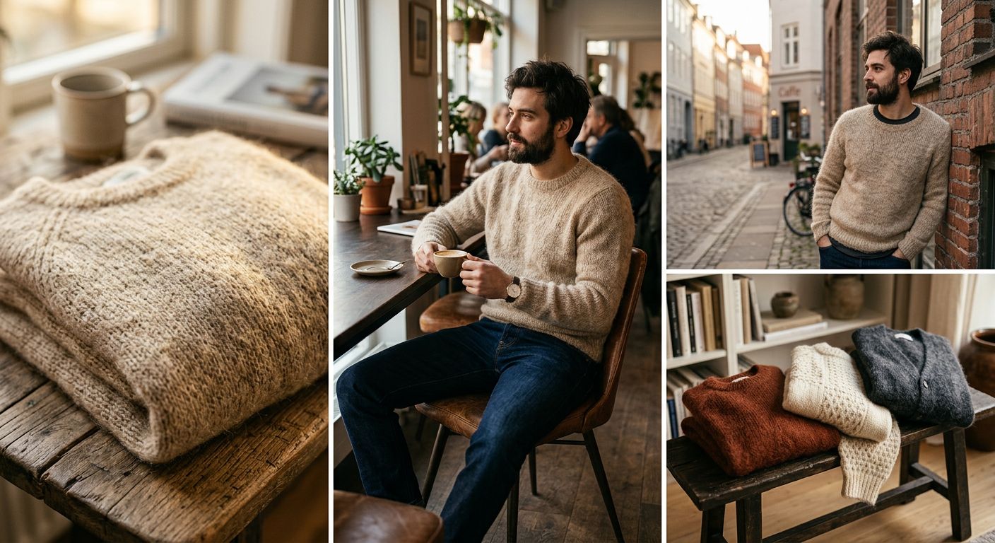 Ein Detailbild eines Mohairwolle Pullovers, der auf einem Tisch oder einer Oberfläche liegt und dessen Material und Stickerei sichtbar sind.
BILD3: Ein Mann, der verschiedene Mohairwolle Pullover anprobiert und im Spiegel betrachtet, um die Passform und den Stil zu überprüfen.
BILD4: Ein Bild, das verschiedene Mohairwolle Pullover in verschiedenen Farben und Stilen zeigt, die auf einer Kleiderstange oder einem Regal aufgereiht sind.