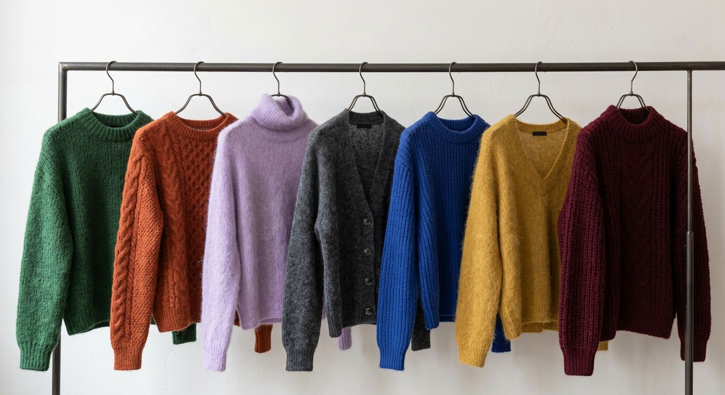 Ein Mann, der verschiedene Mohairwolle Pullover anprobiert und im Spiegel betrachtet, um die Passform und den Stil zu überprüfen.
BILD4: Ein Bild, das verschiedene Mohairwolle Pullover in verschiedenen Farben und Stilen zeigt, die auf einer Kleiderstange oder einem Regal aufgereiht sind.
