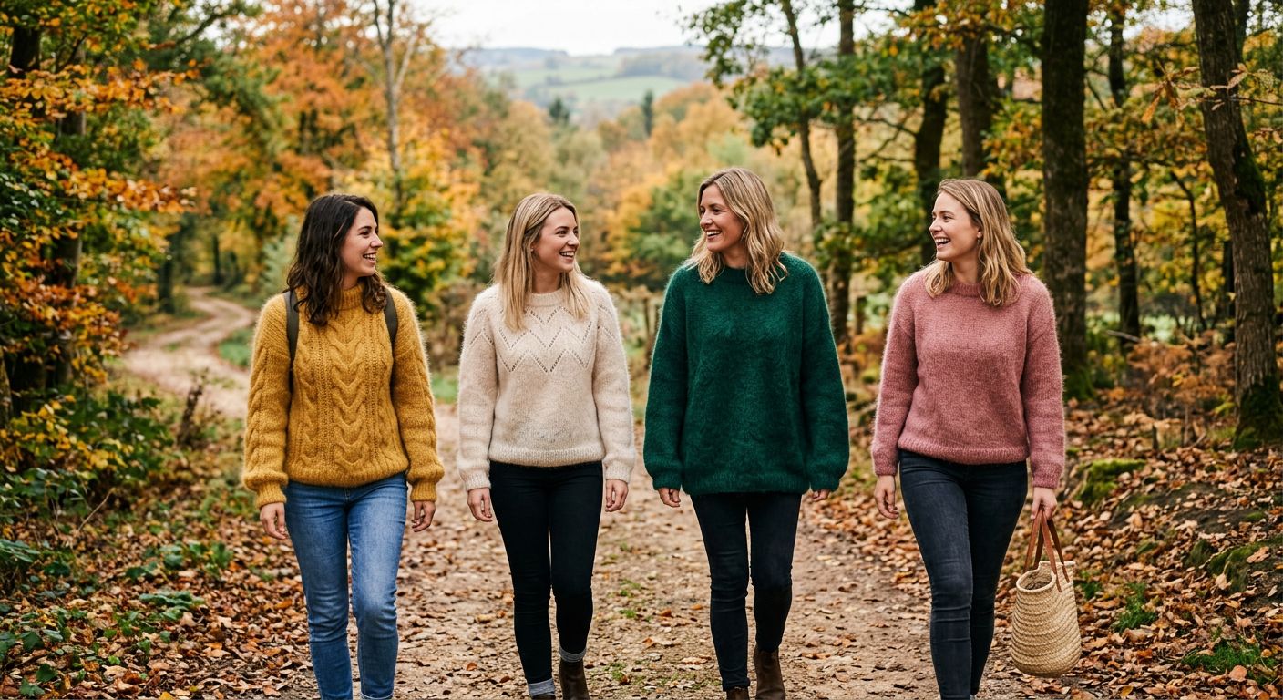 Ein Bild, das verschiedene Mohairwolle Pullover in verschiedenen Farben und Stilen zeigt, die auf einer Kleiderstange oder einem Regal aufgereiht sind.