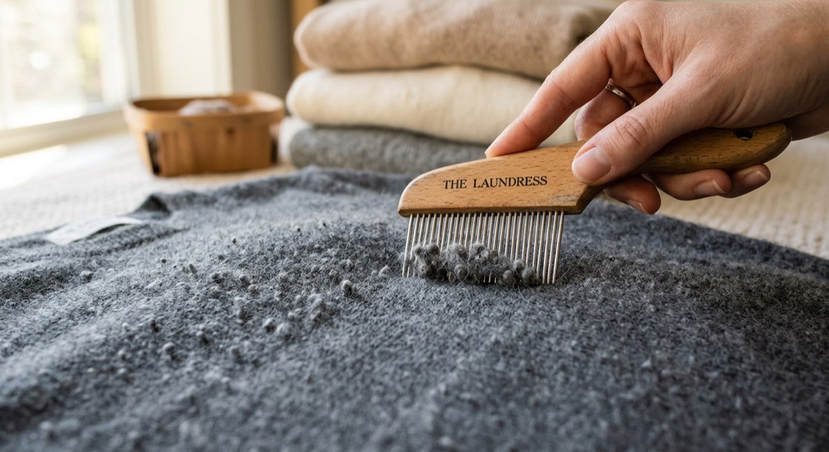 Kaschmirpullover mit Pilling-Knötchen wird mit einem Cashmere Comb gepflegt