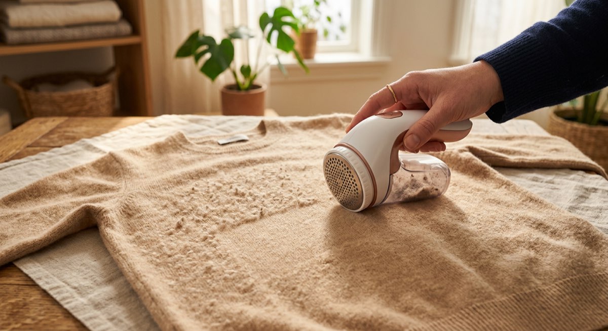 Cashmere Comb und elektrischer Fusselrasierer im Vergleich nebeneinander