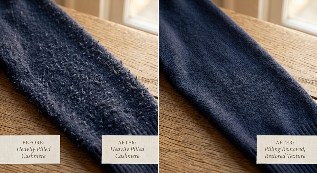 Vorher-Nachher Vergleich: Kaschmirpullover mit Pilling links, gepflegter Pullover rechts