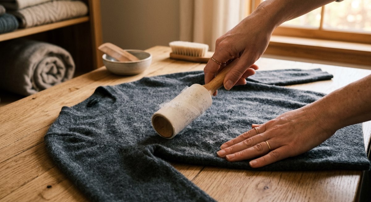 Kaschmirpullover wird flach in einer Schublade gelagert — richtige Lagerung verhindert Pilling