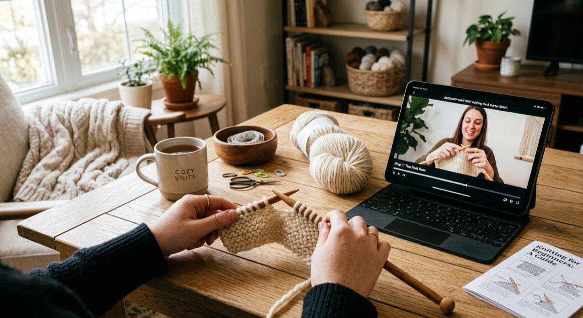 Anfängerin strickt mit alpaka-wolle an einem Holztisch mit Stricksachen