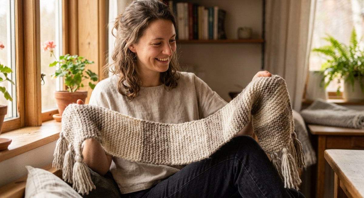 Fertig gestrickter Alpaka-Schal in Grau auf Holztisch neben Stricksachen