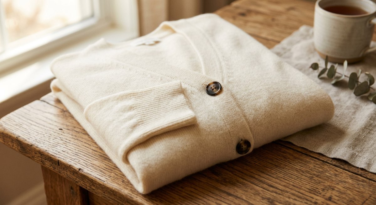 Hochwertige Kaschmir-Strickjacke in Navy auf einem Holzstuhl — Kaschmir Strickjacke Test 2026
