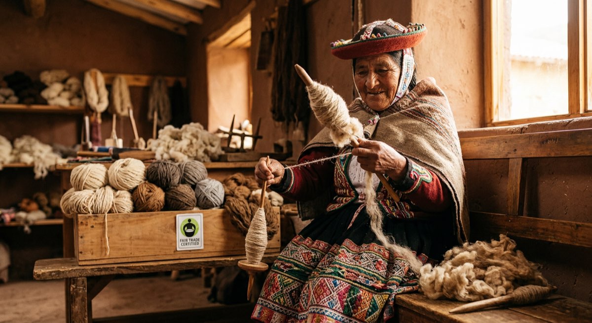 Traditionelle peruanische Weberin beim Weben von Alpakawolle auf handgemachtem Webstuhl