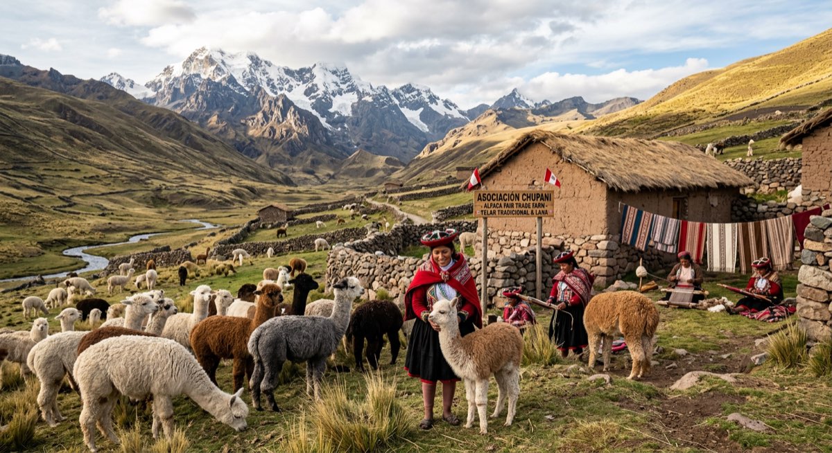 Traditionelles peruanisches Spinnrad mit Alpakawolle