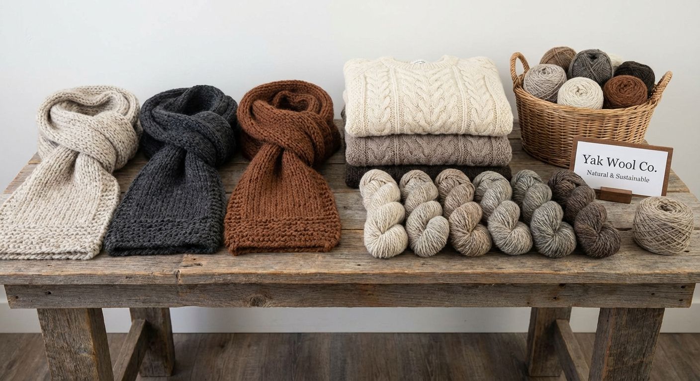 Verschiedene Yakwolle-Produkte – Schal, Pullover, Garn