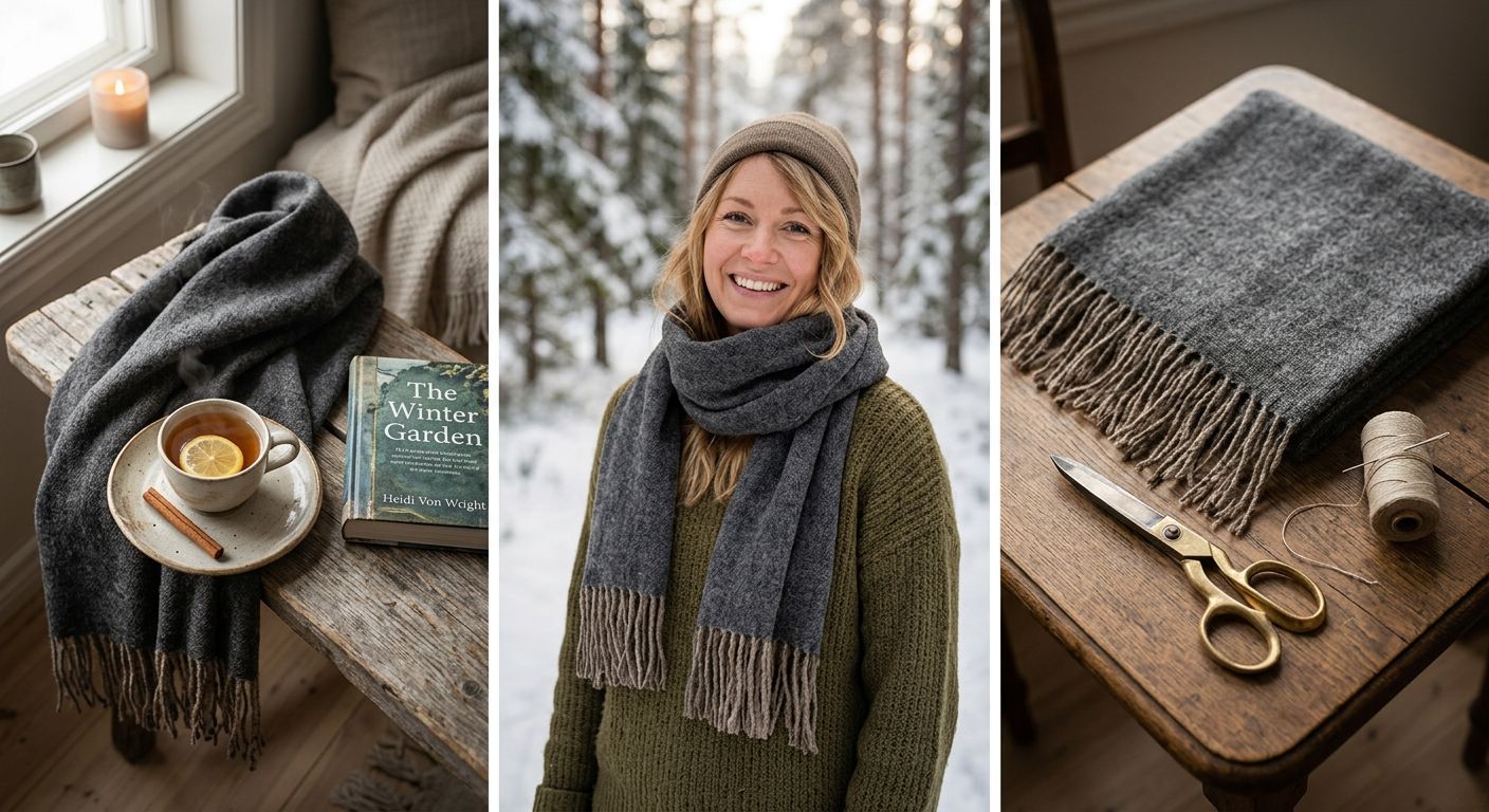 Ein Yakwolle Schal, der über eine Holzbank geworfen ist, mit einem Teller mit heißem Tee und einem Buch daneben.
BILD3: Eine Frau, die einen Yakwolle Schal um den Hals geschlungen hat und lächelt, mit einem winterlichen Wald im Hintergrund.
BILD4: Ein Yakwolle Schal, der auf einem Tisch liegt, mit einer Schere und einem Faden daneben, um die Qualität und Verarbeitung zu zeigen.