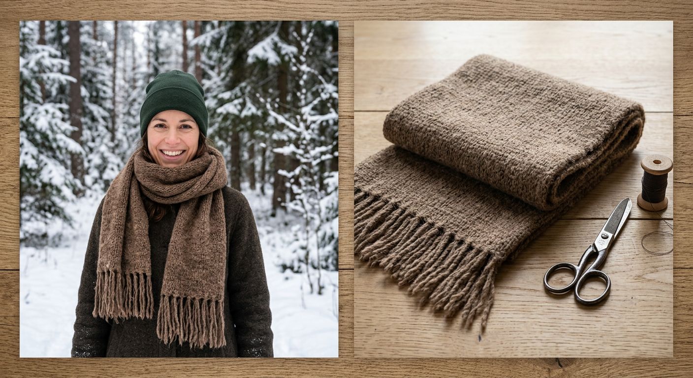 Eine Frau, die einen Yakwolle Schal um den Hals geschlungen hat und lächelt, mit einem winterlichen Wald im Hintergrund.
BILD4: Ein Yakwolle Schal, der auf einem Tisch liegt, mit einer Schere und einem Faden daneben, um die Qualität und Verarbeitung zu zeigen.