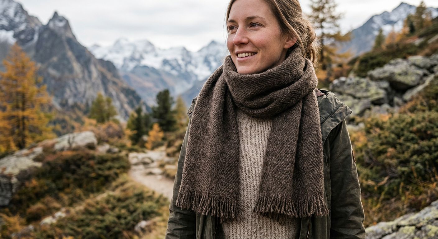 Ein Yakwolle Schal, der auf einem Tisch liegt, mit einer Schere und einem Faden daneben, um die Qualität und Verarbeitung zu zeigen.