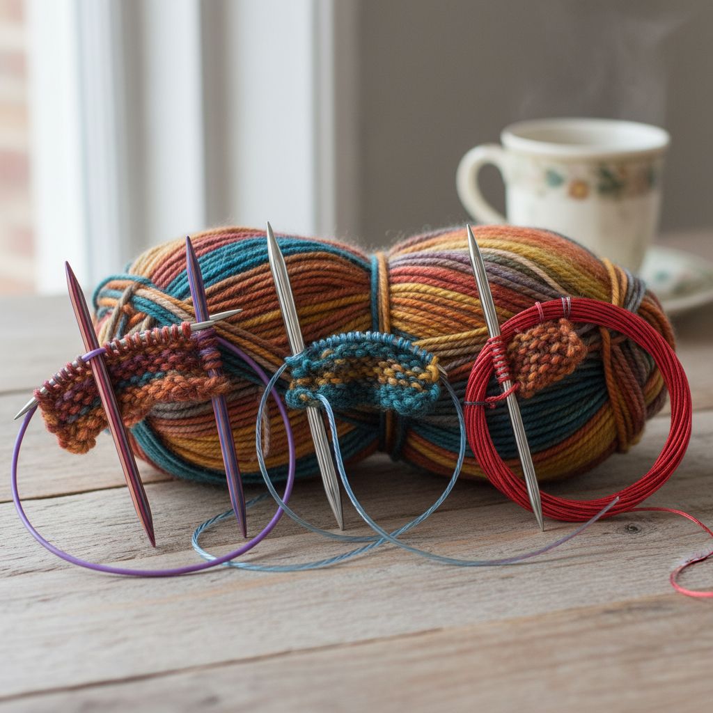 KnitPro, Addi und ChiaoGoo Stricknadeln im Vergleich auf einem Holztisch