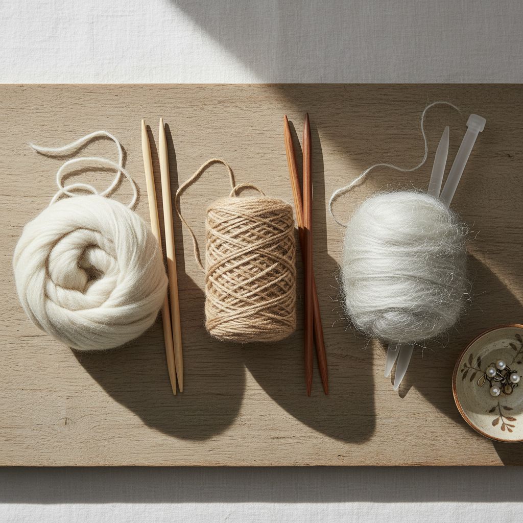 Kaschmir-, Merino- und Mohairwolle neben passenden Stricknadeln