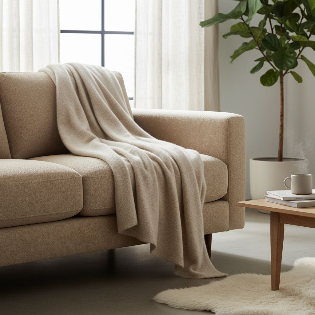 Luxuriöse Kaschmirdecke in Naturbeige auf einem eleganten Sofa drapiert