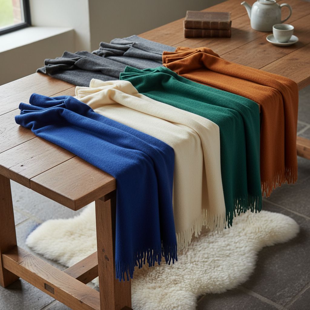 Fünf Kaschmirdecken verschiedener Marken nebeneinander auf einem Holztisch arrangiert