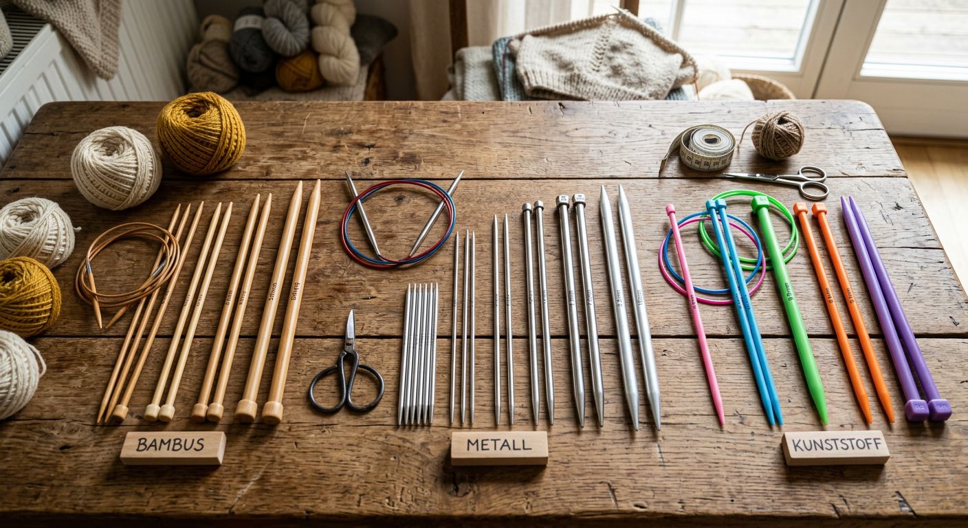 Verschiedene Wollknäuel und Stricknadeln für Anfänger auf einem Holztisch