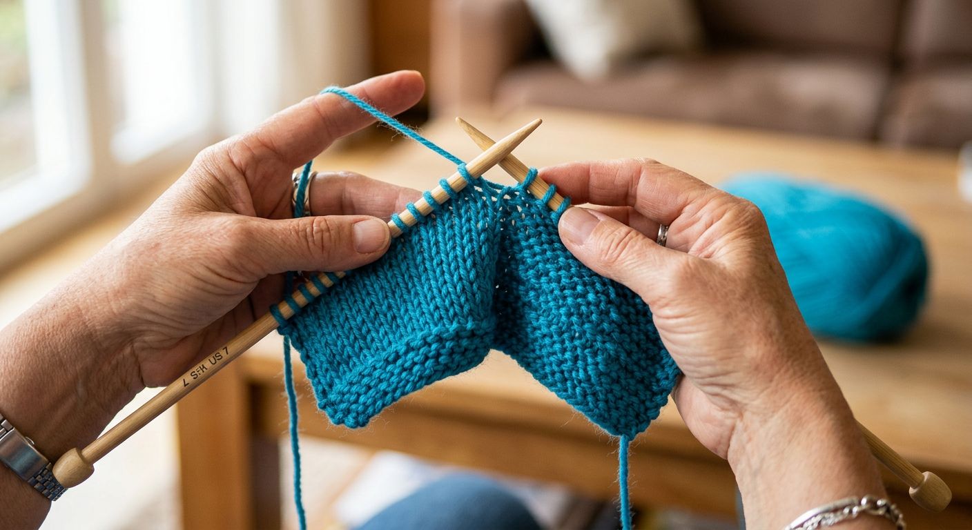 Fertig gestrickter einfacher Schal in Grau als erstes Strickprojekt