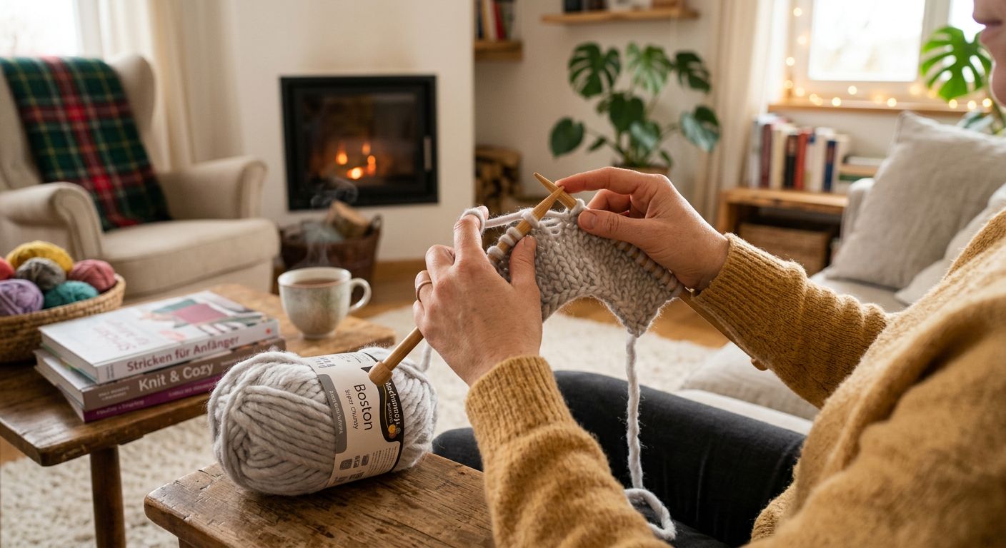 Stricken für Anfänger — Stricknadeln, Wolle und ein angefangener Schal auf Holzuntergrund