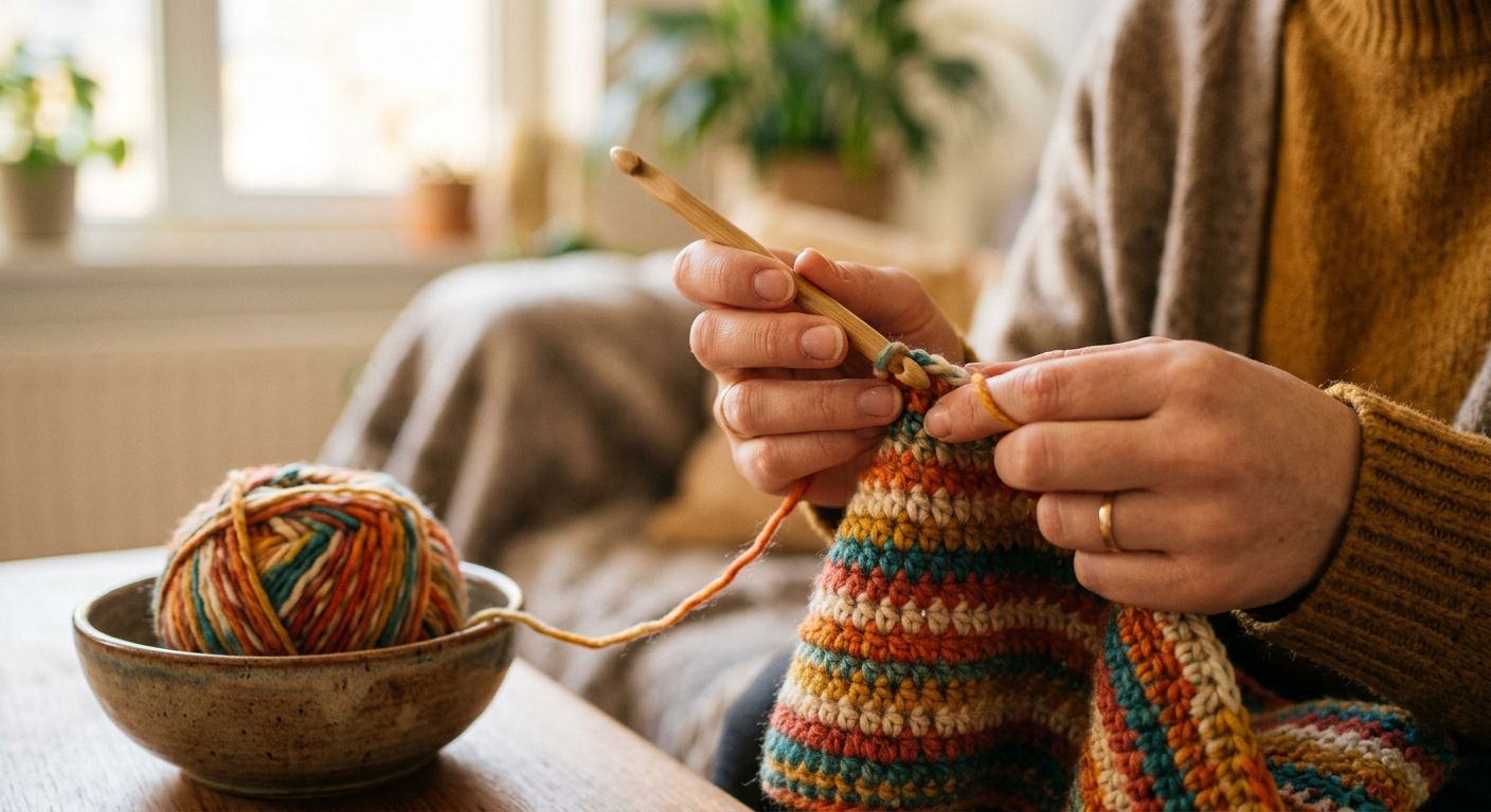Häkeln für Anfänger — Hand hält Häkelnadel mit buntem Garn