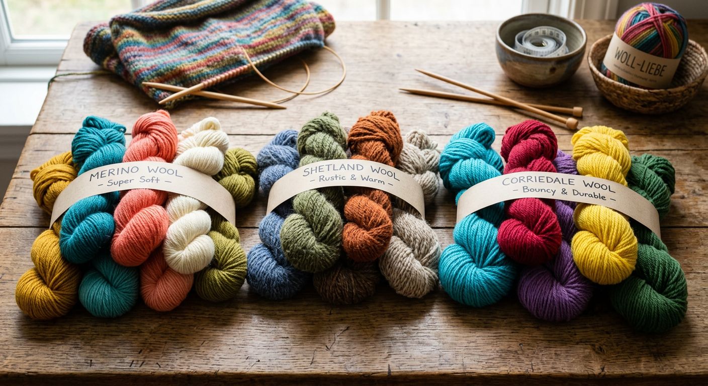 Verschiedene Schafwolle-Garne in bunten Farben — Merino, Shetland, Corriedale