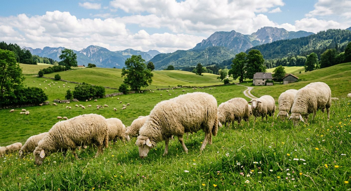 Schafe auf grüner Weide mit frischer Schafwolle — Naturfaser aus dem Vlies